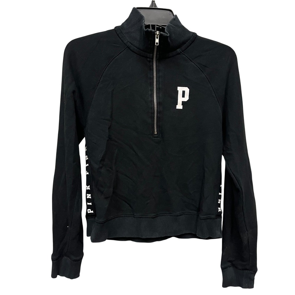 PINK Victoria's Secret Quarter Zip Pullover Sweatshirt Black Logo XS Cropped